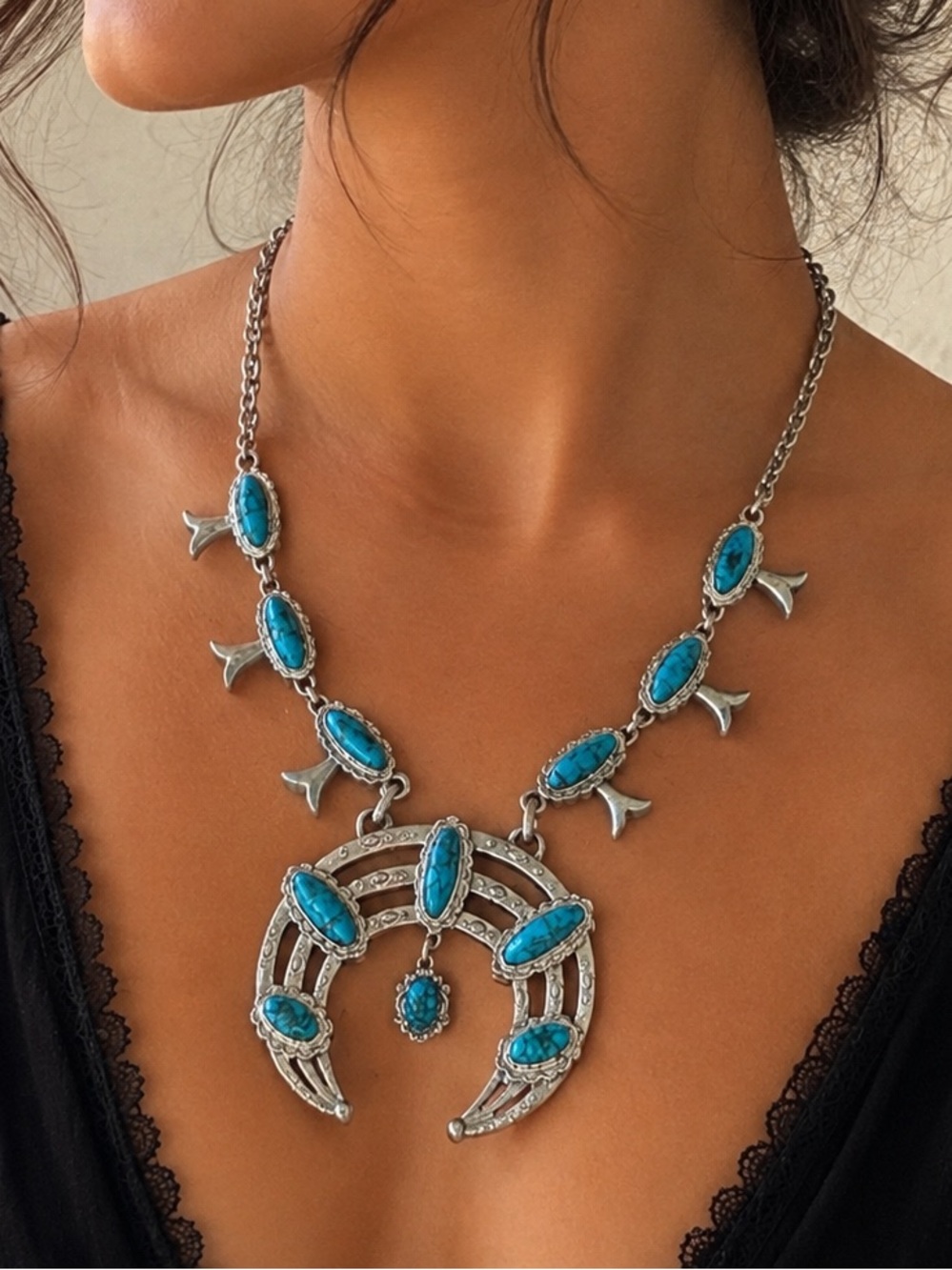 Vintage Southwestern Turquoise Squash Blossom Statement Necklace Silver Tone